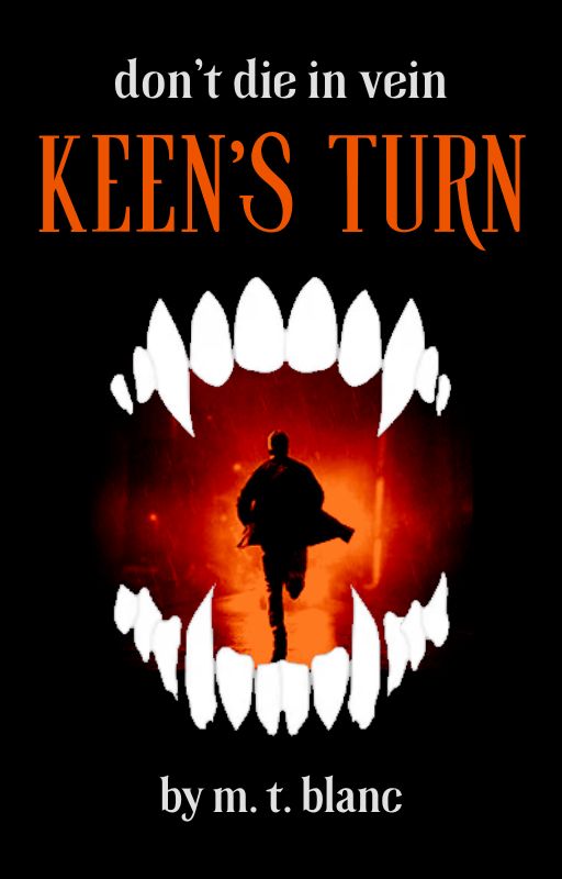 Keen's Turn working cover with urban silhouette of man running inside fanged mouth